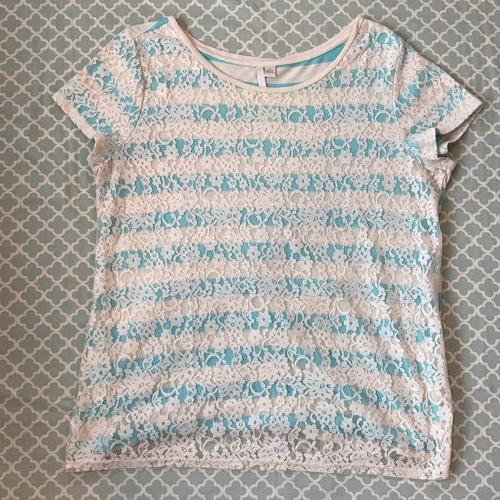 LC Lauren Conrad Blue Stripe Lace Overlay Top L